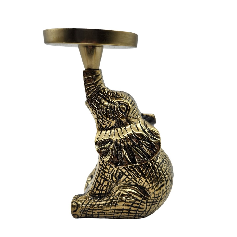 Brass Gold Tone Sitting Elephant Trunk Up Pillar Candle Holder Lucky Safari 9"